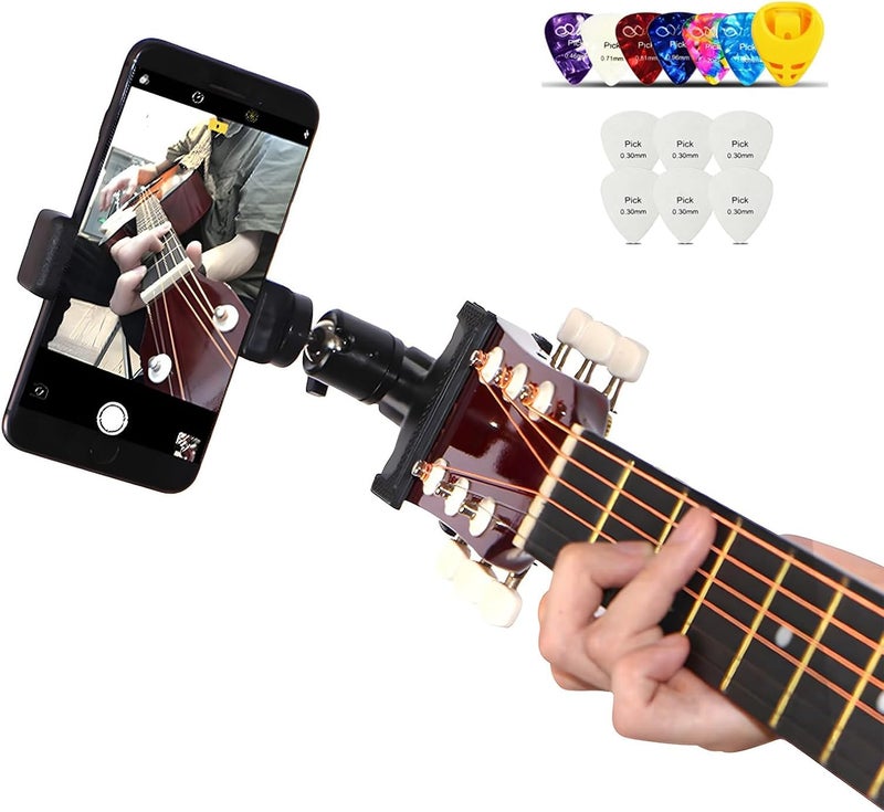 RockCheems Guitar Phone Holder Mount for Live Broadcast Video Recording, Suitable for iPhone and Samsung Smart Phones, Bass Ukulele Electric Guitar Accessories with 12pcs Guitar Picks, Guitar Gifts - Image 1